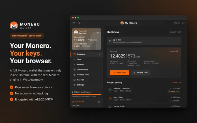 Monero Wallet browser extension dashboard showing balance and recent activity